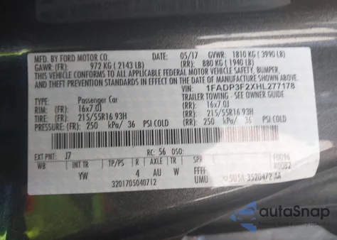 2017 Ford Focus Se z USA, uszkodzony, nr VIN 1FADP3F2XHL277178